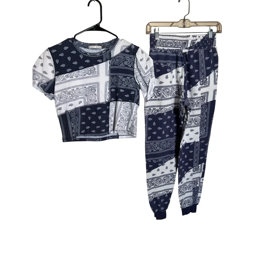 Alice + Olivia Navy White Bandana Elina Paisley Patchwork Pajama Set Boho XS